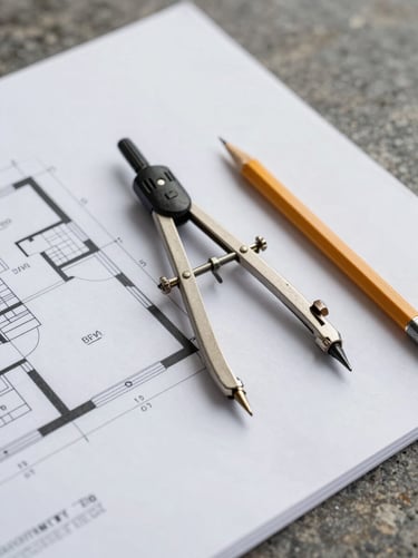 Extreme close-up of architectural technical drawings laid flat on a stone surface, overcast north-facing daylight, a precise pencil and drafting compass resting on a detailed BIM floor plan section — material grain of the paper visible, no people