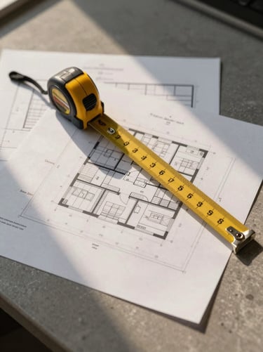 Overhead studio shot of technical appraisal documents spread on a stone-grey work surface, a measuring tape and architect's scale ruler resting on printed site plans, dawn golden-hour side light casting long shadows across the paper — no people, no digital screens