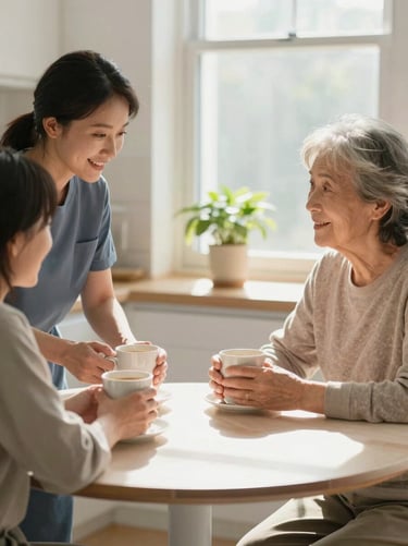 Environmental shot of a bright kitchen, a caregiver and an older woman sharing a moment at the table over coffee cups, morning light through a window, hands wrapped around mugs, a small plant on the windowsill — warm and unhurried, no posed smiles toward camera