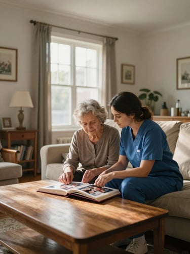 Wide interior shot of a sunlit living room, a caregiver seated beside an older woman on a sofa, both looking at a photo album on the coffee table, warm morning window light falling across them, home furnishings visible in the background — documentary framing, no eye contact with camera