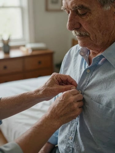 Close-up of a caregiver's hands gently helping an older man button his shirt in a warmly lit bedroom, soft natural light from a window to the left, a dresser with personal items visible behind them — intimate and unhurried, documentary framing
