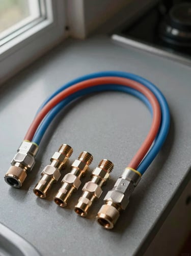 Overhead close-up of RO system connectors and colour-coded tubing laid flat on a kitchen countertop, natural window light from the left, muted grey surface, no tools or hands in frame