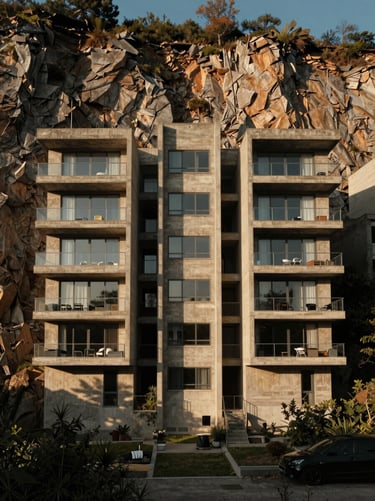 Wide symmetrical shot of a brutalist concrete residence integrated into a cliffside, low-sun casting long dramatic shadows, muted rich tones.
