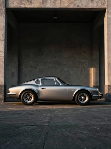 Clean silhouette of a vintage 1960s sports car parked on dark concrete, soft natural low-sun highlighting brushed metal details.