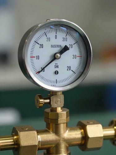 Close-up of a calibrated hydrostatic pressure gauge mounted on a clean brass manifold, high-visibility dial, sharp daylight.