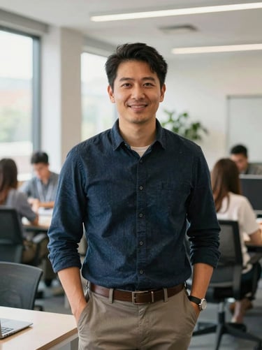 Candid portrait of a tech entrepreneur in a modern office space with natural light, vibrant editorial photography.