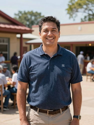 Candid portrait of a civic leader in an outdoor community space, bright natural daylight, warm inviting tones.