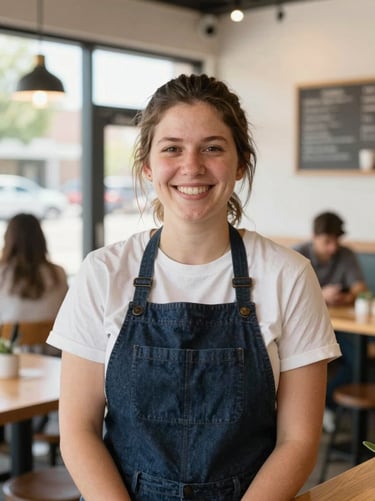 Candid portrait of a local business owner smiling in a bright Chamblee cafe, warm inviting tones, 35mm lens.