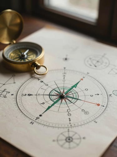 Close-up of hand-drawn astrological charts on aged ivory paper, brass compass, low-key warm lighting.