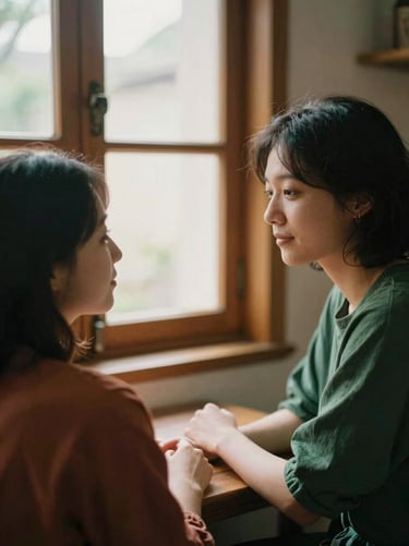 Warm portrait of two people engaged in a deep, quiet conversation in a cozy room, soft window light, natural wood.