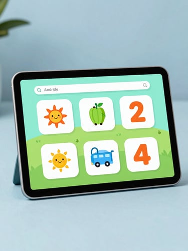 A clean Android tablet mockup showing a colorful educational math game for kids, bold mint green interface elements, soft studio lighting