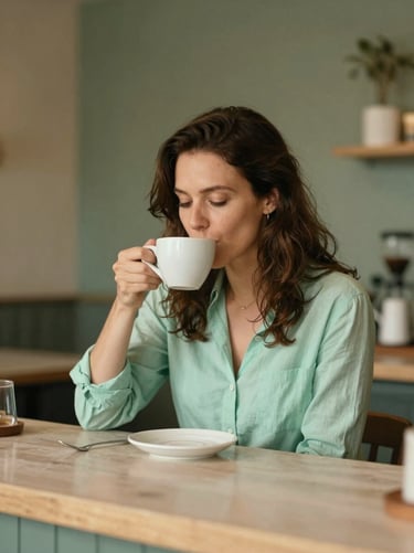 Candid portrait of a female food writer tasting coffee at an upscale cafe counter, shallow depth of field, warm editorial style.