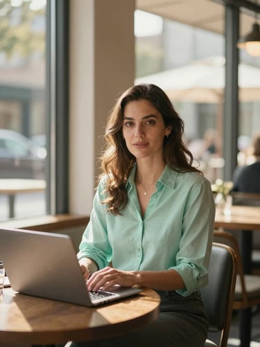 Candid portrait of a female editor sitting in a bright Charlotte cafe, natural window light, warm tones, professional and relaxed.