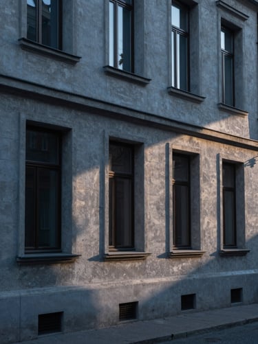 Architectural close-up of a Balkan building facade at dawn — concrete window frames casting sharp geometric shadows, cool blue-grey morning light, high contrast, no people, empty quiet street below partially visible