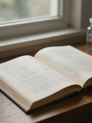 Inquadratura verticale e ravvicinata di un volume di medicina aperto su una pagina di formule emodinamiche, luce naturale morbida che entra da una finestra, atmosfera di studio silenzioso.