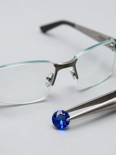 An optic-clear jeweler's magnifying visor glass sitting next to ultra-fine precision steel tweezers holding a brilliantly cut blue gemstone on a neutral light gray background.