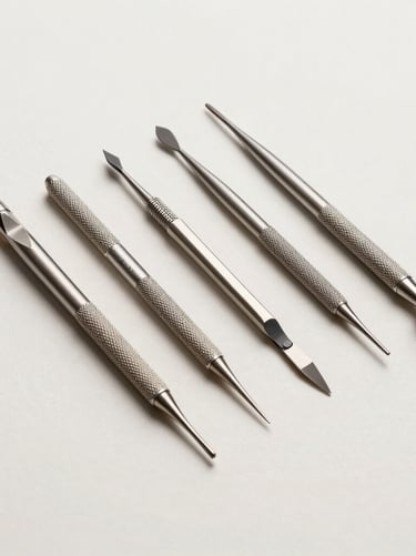 A high-end professional jeweler's wax carving tool set, featuring steel modeling picks with knurled grips and fine precision tips, laid out neatly on an off-white background with professional studio lighting.