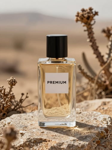 Premium glass perfume bottle placed on a rough stone surface, surrounded by dry desert botanicals, warm diffused lighting.