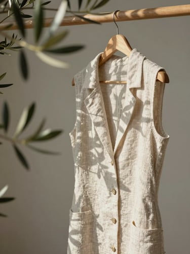 Close-up of a luxury linen dress hanging on a minimalist wooden rack, soft daylight filtering through olive branches, editorial fashion aesthetic.