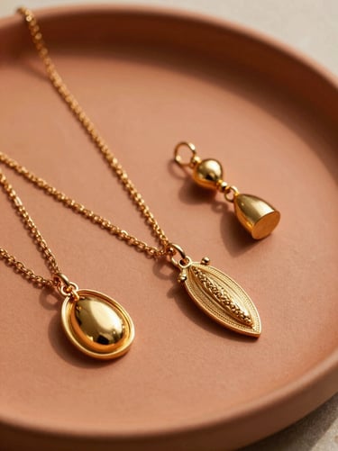 Close-up of elegant gold jewelry pieces arranged on a warm terracotta plate, soft shadows, luxury editorial product photography.