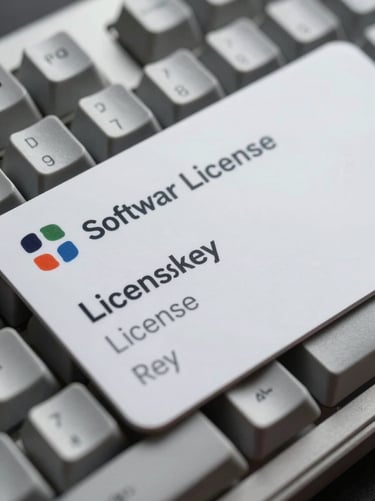 Extreme close-up of a software license key printed on a card resting on a mechanical keyboard, bright even studio lighting, 45-degree product angle