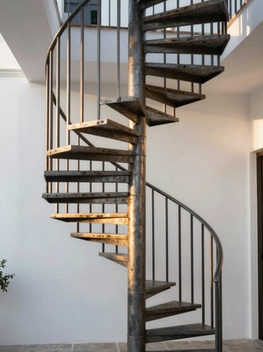 A sculptural spiral steel staircase in a minimalist white villa in Marbella, golden hour light reflecting on metal