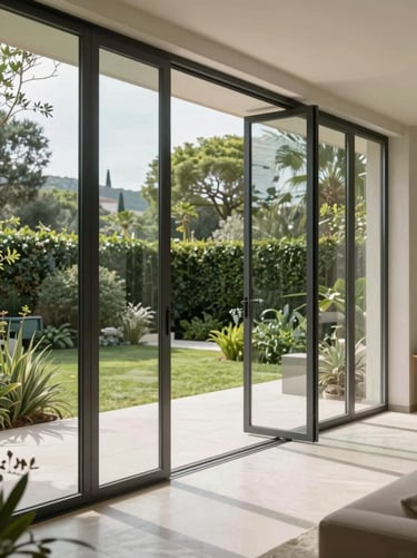 Modern steel and glass partition wall opening onto a lush Mediterranean garden, clean lines, millimetric joints