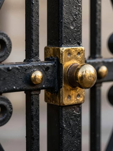 Extreme close-up of a hand-hammered black iron gate joint with brushed gold accents, dramatic side-lighting