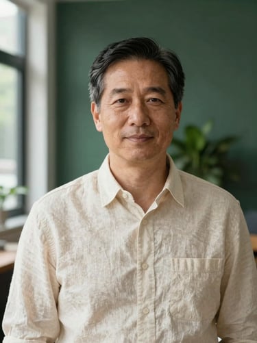 Professional portrait of a mature male financial advisor in a warm cream linen shirt, soft natural office lighting, shallow depth of field, 35mm.