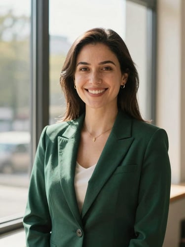 Professional portrait of a female corporate finance expert in a dark green blazer, smiling warmly, natural window light, 35mm.