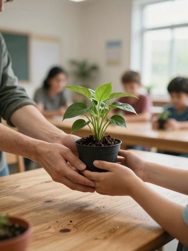 Close-up of two hands — an adult and a child — passing a small potted plant between them on a wooden table inside a community workshop, natural window light from the right, soft background of other participants blurred, warm and genuine moment