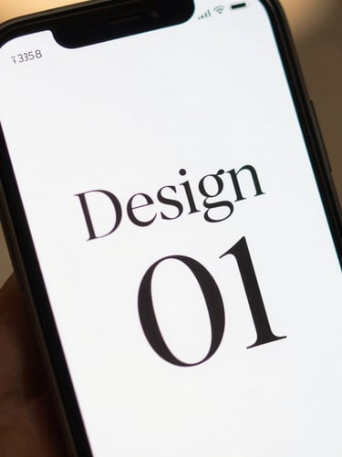 Smartphone screen close-up showing Design 01 with clean editorial serif lettering, warm natural light, soft shadow play