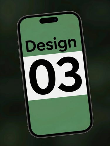 Smartphone screen close-up showing Design 03 with bold contemporary layout, high contrast dark green background, cinematic transitions