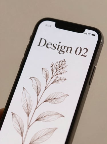 Smartphone screen close-up showing Design 02 with fine botanical line art, soft nude background, elegant slide-in animations
