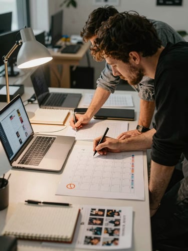 Agency workspace scene: two people leaning over a content calendar spread on a wide desk, warm tungsten lamp light, laptop screen visible with a grid of scheduled social posts, notebooks and printed photos nearby, natural and unposed, intimate collaborative atmosphere