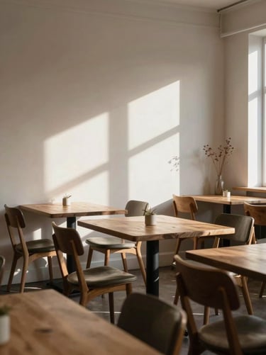 Wide interior of a quiet Scandinavian-style restaurant before morning service, wooden tables set simply, soft north-facing daylight raking across pale walls, a single vase of dried stems in the right corner, no people, calm and unhurried atmosphere