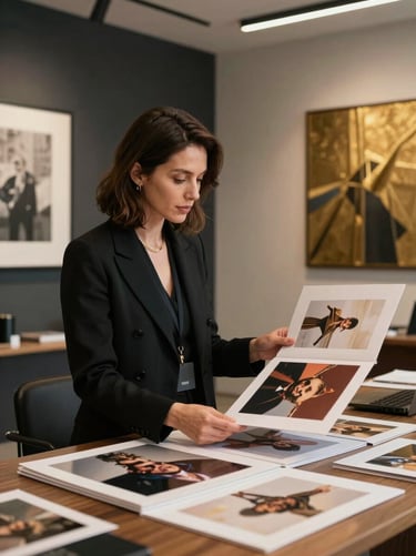 A portrait of a professional art curator in a stylish International / Global Art Scene office environment. She is reviewing a high-quality artist portfolio. The room is decorated in a palette of dark charcoal and soft gold tan.