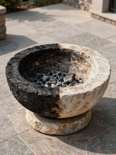 Stone fire pit bowl photographed straight-on, left half blackened with heavy soot and ash residue, right half restored to clean natural stone, midday natural light, wide shot showing surrounding patio stones