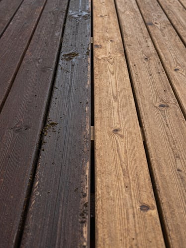 Close-up of a wood deck surface mid-clean, left half dark with embedded grime and mildew, right half restored to natural wood grain color, overcast midday light, no people, wide environmental crop showing full plank texture