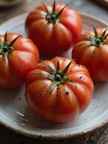 Close-up of fresh heirloom tomatoes with soil residue on a rustic ceramic plate, natural side light.