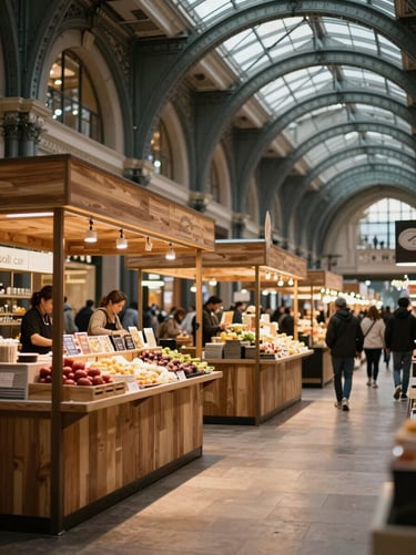 Atmospheric shot of a modern food market interior with iron arches, warm wood stalls, and people in the background.