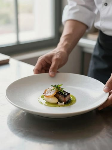 Hands of a chef plating a minimalist dish in a bright kitchen, soft window light, natural textures.