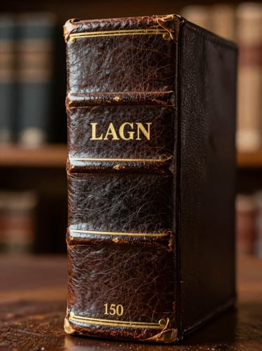 Macro shot of a heavy legal volume bound in dark leather, antique gold lettering on the spine, warm library light.