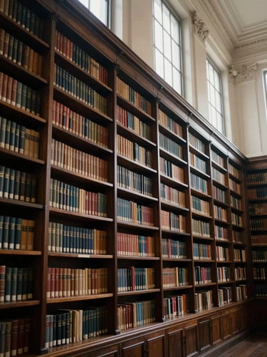 Dignified historic law library interior, rows of dark wooden bookshelves, soft light filtering through a high window.