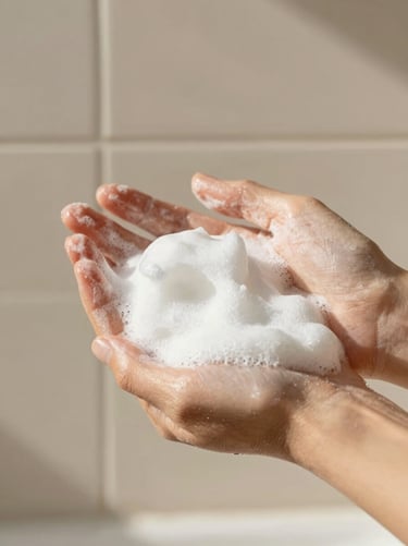 Close-up of fluffy white natural soap lather on hands, soft morning daylight, warm tile background, 35mm lens.