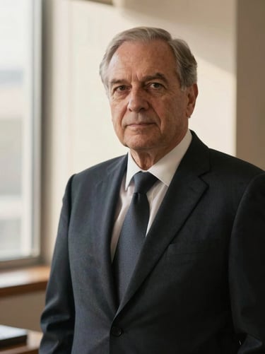 Professional portrait of a senior male lawyer in a dark suit, sober expression, warm window light, office background, 35mm