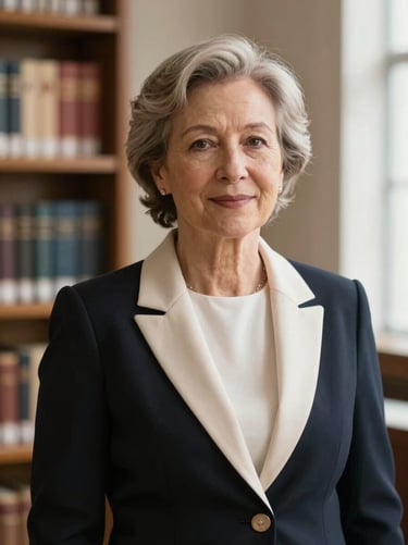Professional portrait of a senior female lawyer in elegant business attire, warm lighting, library background, shallow depth of field, 35mm