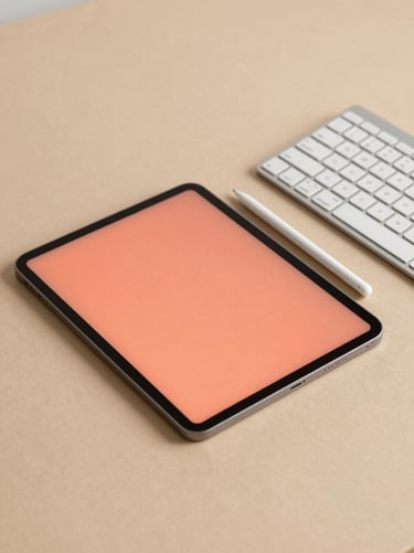 Minimalist overhead flat-lay of modern digital devices, a tablet with a stylus, and a sleek keyboard on a warm sand-beige surface, 35mm editorial photography
