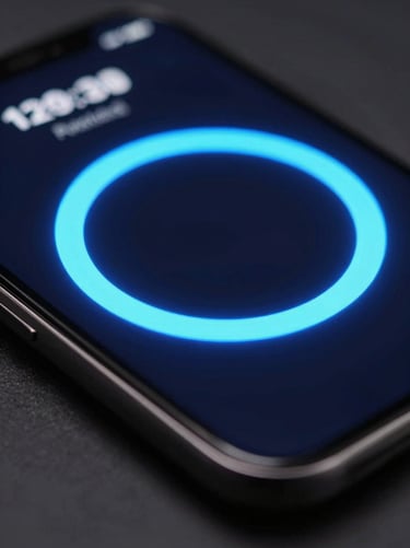 Extreme close-up of a mobile screen showing a dark fitness tracking interface with neon blue progress rings, ambient screen glow on a dark surface
