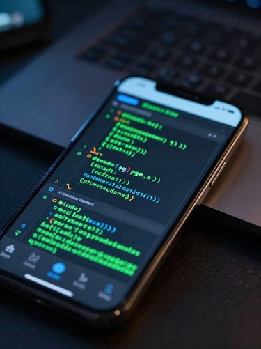 Macro shot of a developer workspace with a glowing mobile device displaying a cyber green code editor interface, dark ambient studio lighting